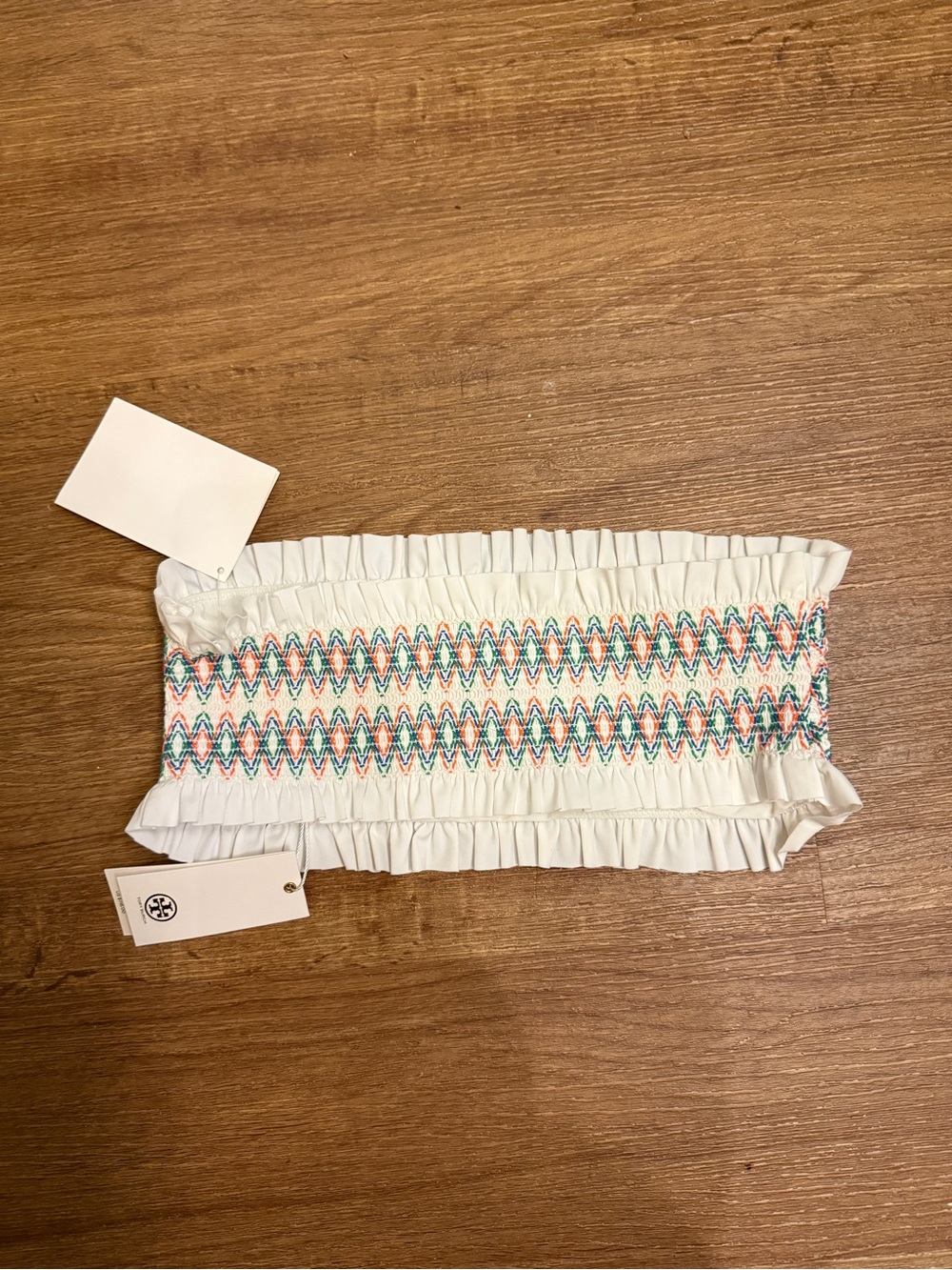 Tory Burch White Smocked Tube Top with Multicolor Zigzag Embroidery